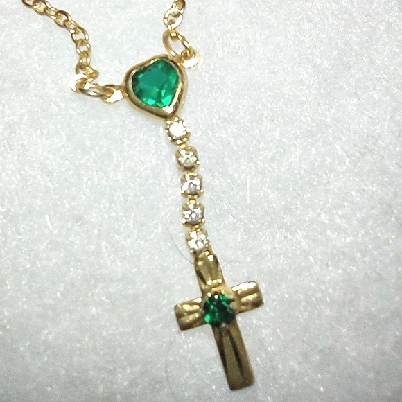 Other - Emerald Green Heart + Connected Dangling Gold Cross Necklace